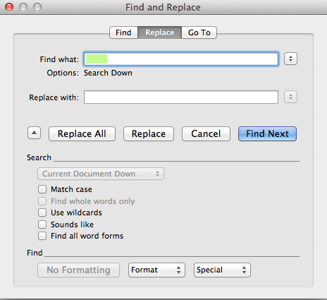 use find and replace in word 2011 for mac