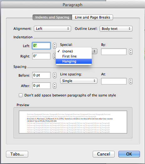 set tabs in word for an apa refernces page
